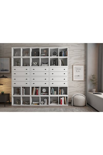 Vivense LEXSA ÇOK AMAÇLI KİTAPLIK DOLABI ÇEKMECELİ MODÜLER RAF SİSTEMİ BEYAZ