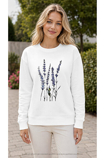 EMMODA Women's Lavender Flower Printed Round Neck Casual Basic Sweathirt