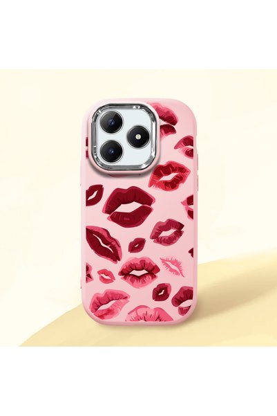 Hontinga Realme C61 Compatible Case Camera Protector Pink Kiss Patterned Sili...