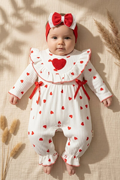Babydonat Valentina Kız Bebek Kırmızı Kalp Desenli Fırfır Detaylı Fitilli Pam...