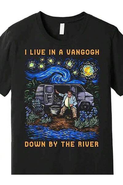 26LIK تي شيرت رجالي بمقاسات كبيرة I LIVE IN A VANGOGH، تي شيرت أسود فني يتميز...