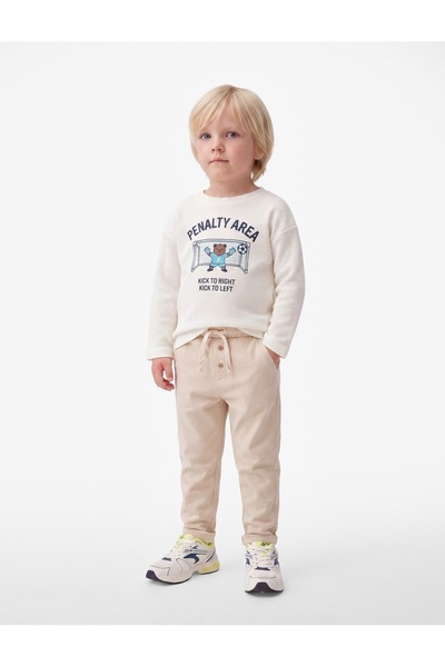 Koton Long Sleeve Cotton Textured Crew Neck Teddy Bear Printed T-Shirt