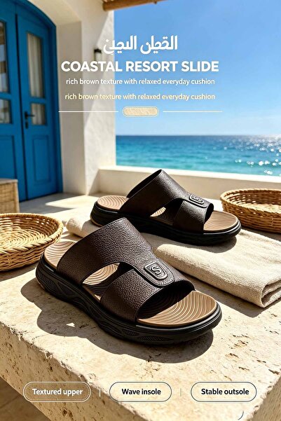 SaudEva Foot صندل رجالي بني اللون من Coastal Resort Slide، مصنوع من الجلد الص...