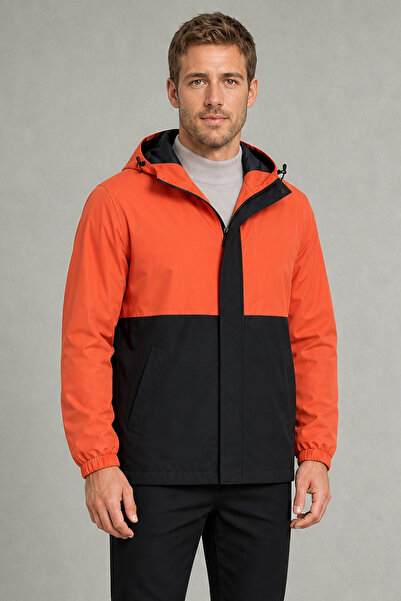 Montland Men's Orange Black Water Resistant Hooded Zippered Raincoat&Windbreaker