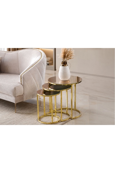 Vivense LİNA ÜÇLÜ ZİGON SEHPA, AYNA BRONZ, GOLD KAPLAMALI