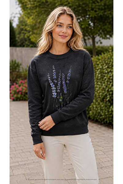 EMMODA Women's Lavender Flower Printed Round Neck Casual Basic Sweathirt
