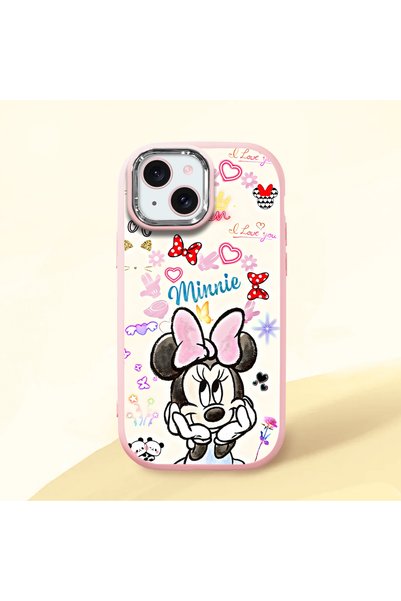 Hontinga iPhone 15 Compatible Case Camera Protector Pink Minnie Pattern Silic...