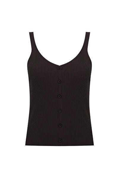 Beauty Omelette Brown Strappy Buttoned Knitwear Top
