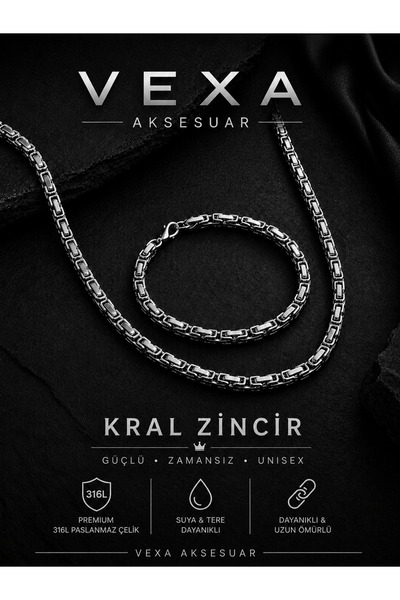 Vexa Aksesuar Kral Zincir Erkek Kolye Bileklik Seti 316L Paslanmaz Çelik Gümü...