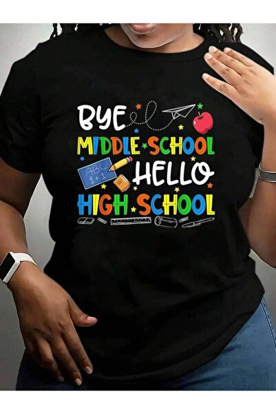 26LIK تي شيرت أسود بطباعة جرافيكية من Graduate Bye Middle Hello High Back To ...