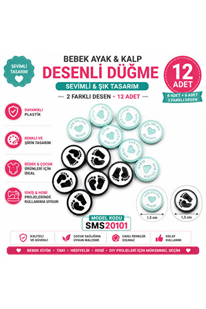 SMS ATILIM 12 Adet Bebek Ayağı ve Hoş Geldin Bebek Kalp Desenli Plastik Düğme...
