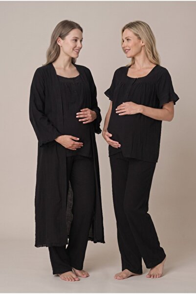 Pelin Women's Black Muslin Cotton Fabric Short Sleeve Buttoned Maternity Paja...