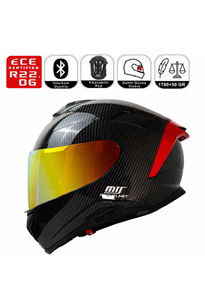 MTS X340 Novax Red Carbon Desen Motosiklet Kaskı Güneş Vizörlü Full Face Kask