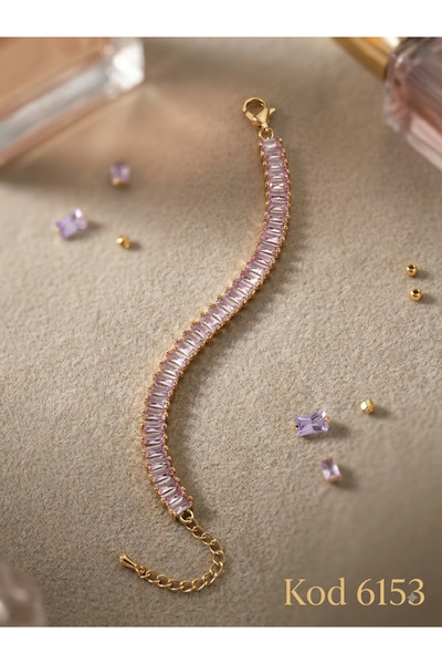 Açık Pembe Zirkon Taşlı Gold Kaplama Su Yolu Kadın Bileklik