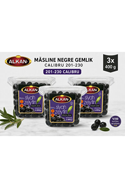 Alkan Măsline Negre 400g – Calibrul 201-230 – Set 3 Bucăți