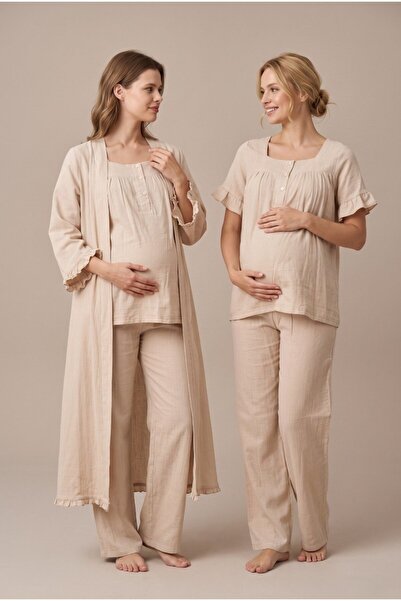 Pelin Women's Beige Muslin Cotton Fabric Short Sleeve Buttoned Maternity Paja...
