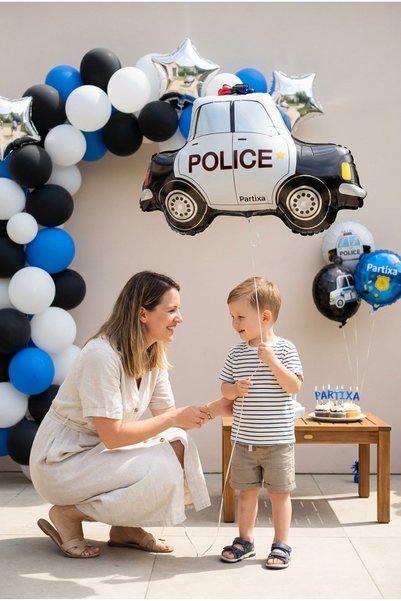 Partixa Police Car Balloon Stand Set |   Transparent 7-Piece Stand + Police Car Foil Balloon 76×59 cm + 7 Latex Balloons