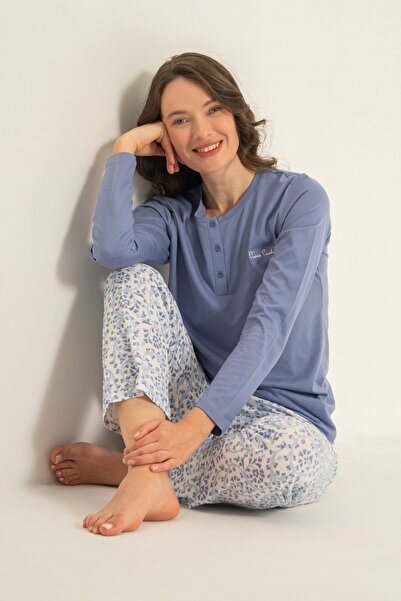 Pierre Cardin Women's Dark Blue Long Sleeve Buttoned Collar Pajama Set, 50% C...
