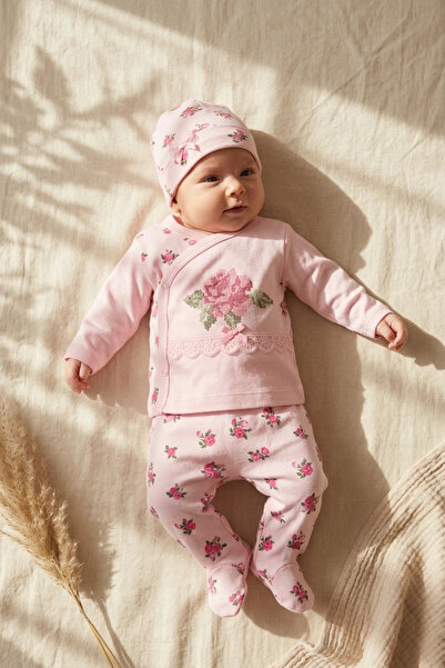 Babyim Baby Girl Rose Patterned 3-Piece Set - 100% Cotton Lace Detailed Doubl...