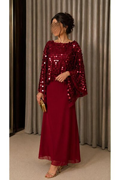 ELORA FASHION Luxury Burgundy Evening Dress with Sequined Cape