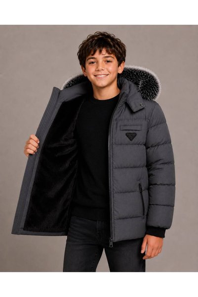 REGOS Men's Gray Detachable Hooded Waterproof and Windproof Children's Coat and Coat