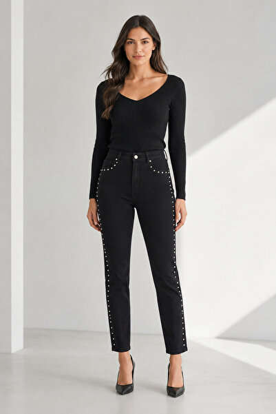 bihan store High Waist Denim Trousers with Metal Decorations on the Sides Y26...