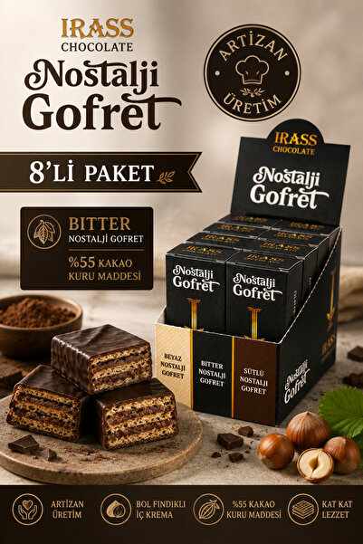 İrass Chocolate Nostalji Gofret Fındık Kremalı Çıtır Bitter Gofret 8'li Paket...