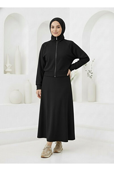 Generic Brand Zipper Detail Skirt Suit-Black