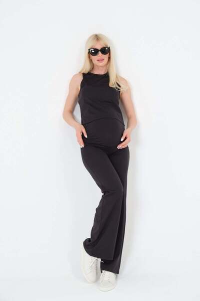 BUSA Maternity Flexible Adjustable Waist Wide Leg Soft Touch Pants Black