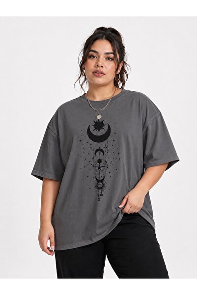 ZAVIXO Büyük Beden Kadın Ay Güneş Yıldız Baskılı Oversize Bisiklet Yaka Kısa ...