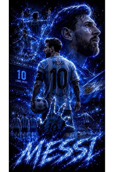 ÖZ DİGİTAL Lionel Messi Arjantin Mavi Neon Efektli Özel Tasarım Duvar Posteri...