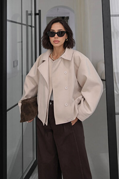 SHILSEE BEUTİQUE Women's Beige Double Collar Premium Short Trench Coat