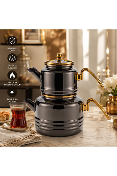 ALEV EMAYE İkili Çaydanlık Takımı – 2,5 L Alt + 1,1 L Üst Demlik, Paslanmaz Ç...