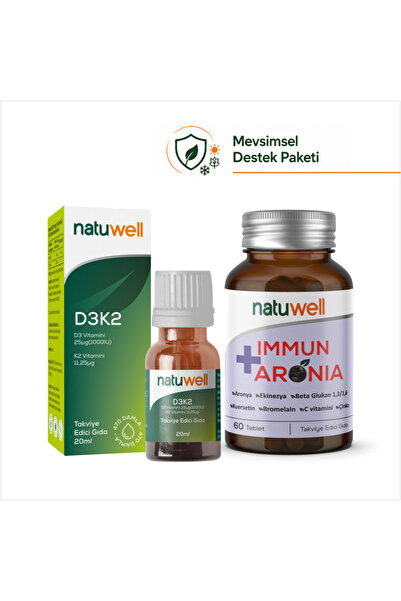 Natuwell Vitamin D3K2 Damla 20 ml ve Immun + Aronia 60 Tablet