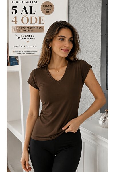 moda felinya Women's Short Sleeve V-Neck Dark Brown Color Body T-Shirt Bluz