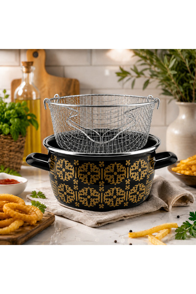 ALEV EMAYE 22 CM Emaye Kızartma Tenceresi Telli Sepetli – Siyah Gold Desenli,...