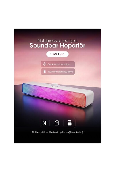 Mikado MD-SBT31 Beyaz 5W*2 1200MAH Bt,rgb,tf Card,type-C ,usb Soundbar Speaker