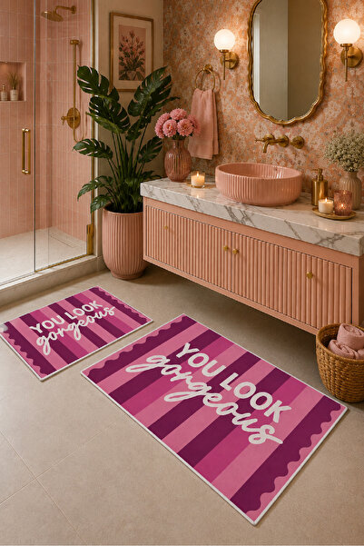 Evmila Pink Claret Red You Look so Good Written Bath Mat Set of 2