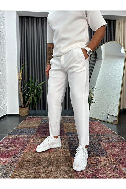 modaberry Men's White Scuba Sweatpants - Scuba Fabric Carrot Cut Trousers