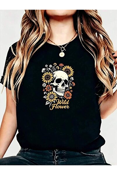 NOURAM Vintage Women's T-Shirt Skull And Wild Flower Graphic Summer Casual We...