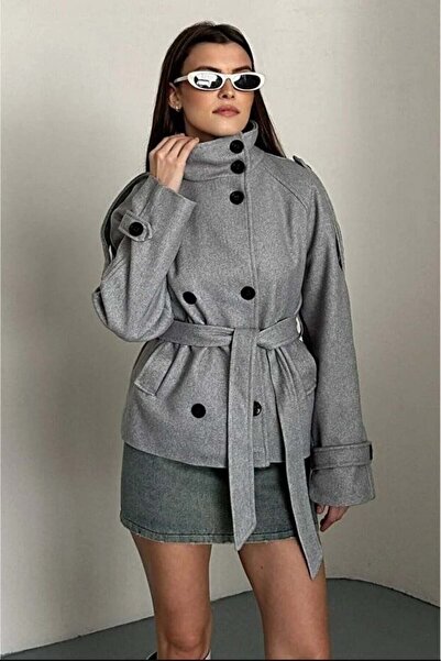 MODA DURAĞI Arven Standing Collar Belted Short Lined Checked Coat Gray