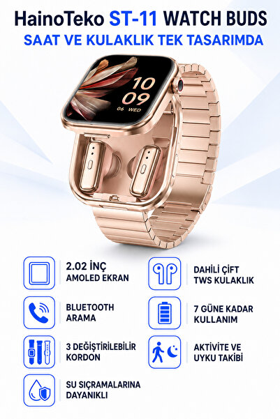 beemen Haino Teko Germany ST-11 Watch Buds 2.02 İnç AMOLED Ekranlı Kulaklıklı Akıllı Saat Bluetooth Arama 3 Kordon