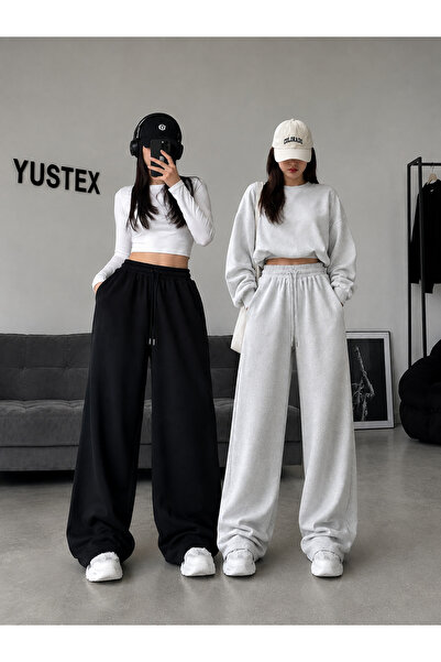 yx yustex sport 2-Piece Women's Wide-Leg Sweatpants Set (Black and Gray) Over...
