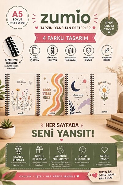 zumio I A5 Spiralli Çizgisiz Defter 50 Yaprak 4'lü Tasarım Serisi