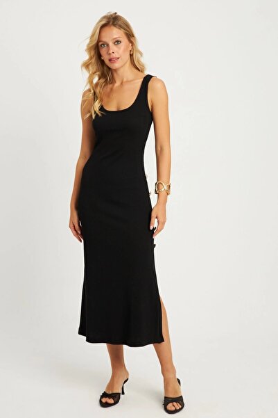 CARLA MARA Women's Black Button Detail Ribbed Knit Midi Dress