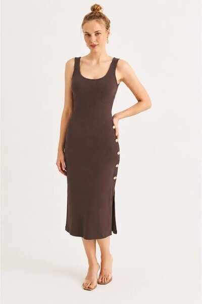 CARLA MARA Women's Brown Button Detailed Camisole Midi Dress