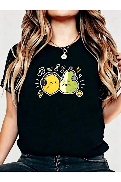21JNRY Cute Kawaii Style Women's T-Shirt Lemon And Pear Listening To Music Gr...