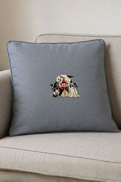 Elegancembroidery Cat Embroidered Linen Textured Gray Decorative Throw Pillow...