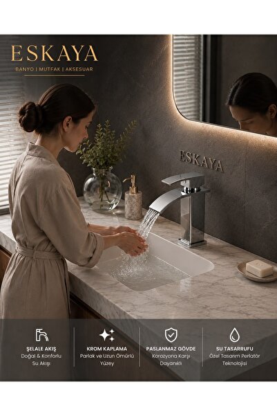 ESHOME ESKAYA Premium Krom 2’li Banyo Seti * ESKAYA Şelale Akışlı Lavabo Bataryası ve Robot Duş Seti