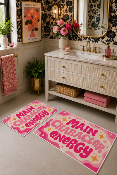 Evmila Pink Yellow Main Character Energy Written Bath Mat Set of 2